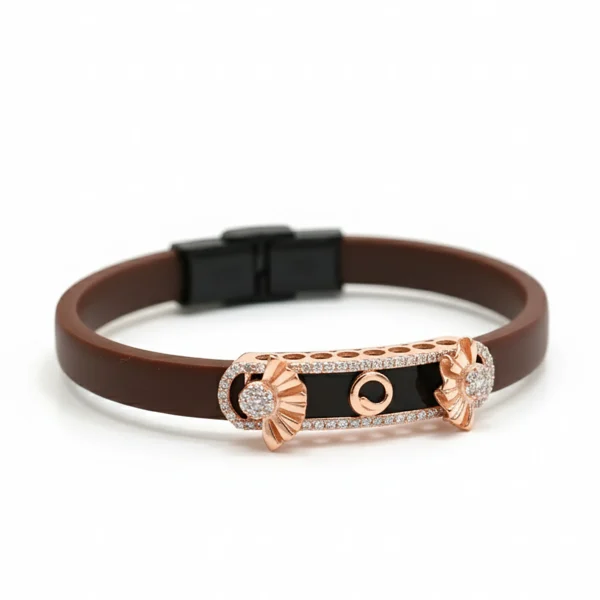 Rose Gold Floral Halo Black Enamel Silver Bracelet
