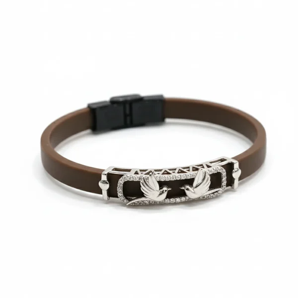 Silver Twin Love Birds / Dove Duo Silicone Bracelet