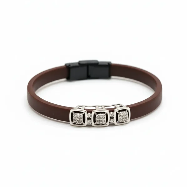 Silver Triple Square Iced-Out Mens Silicone Bracelet